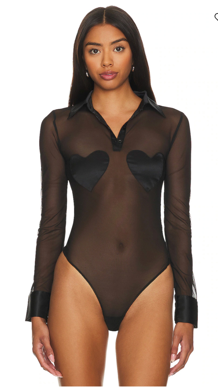 Fleur du Mal Revolve NWT Heart Bodysuit M Black Sheer Mesh Silk Satin Coquette